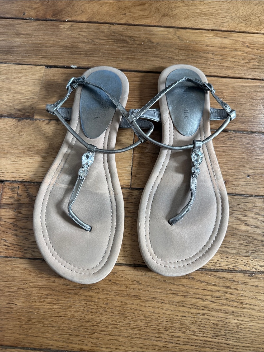 Metallic T-Strap Women’s Sandals with Rhinestone Accent